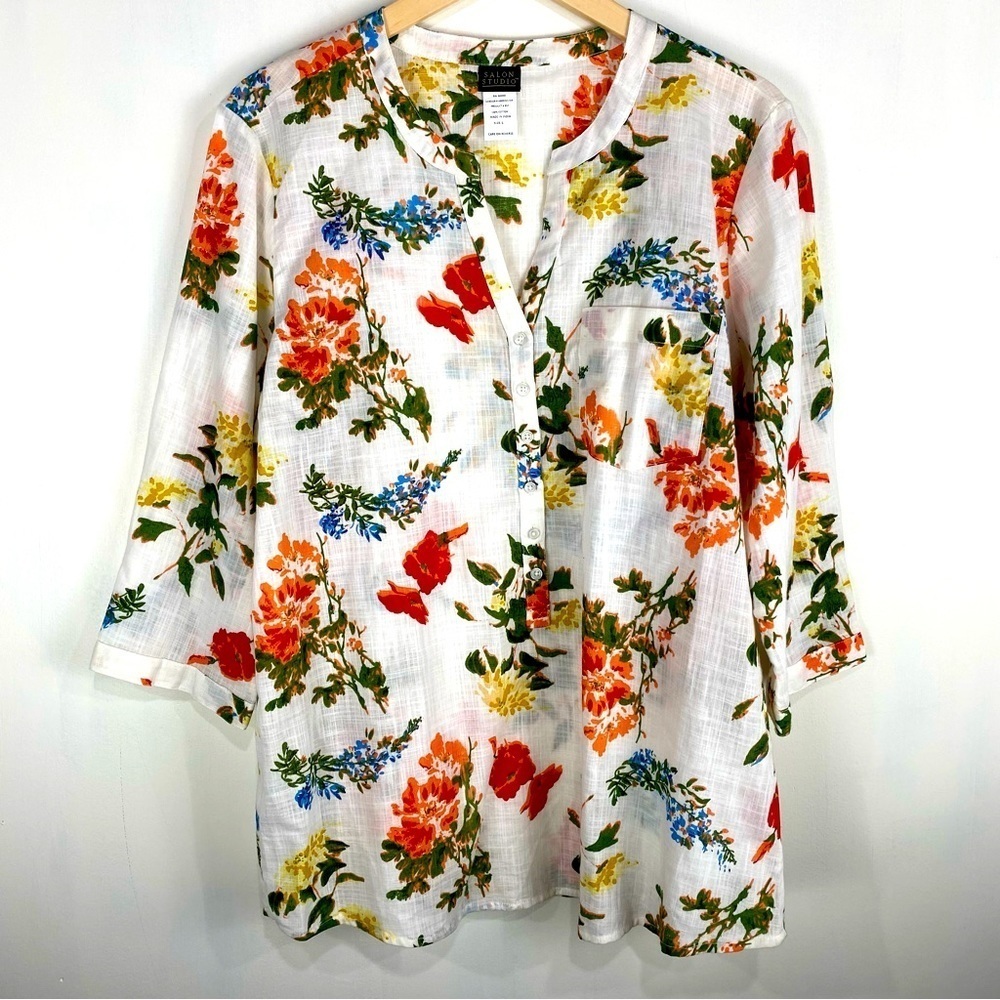 Salon Studio 100% Cotton Floral Print 3/4 Button Up Down Shirt Top Blouse Large